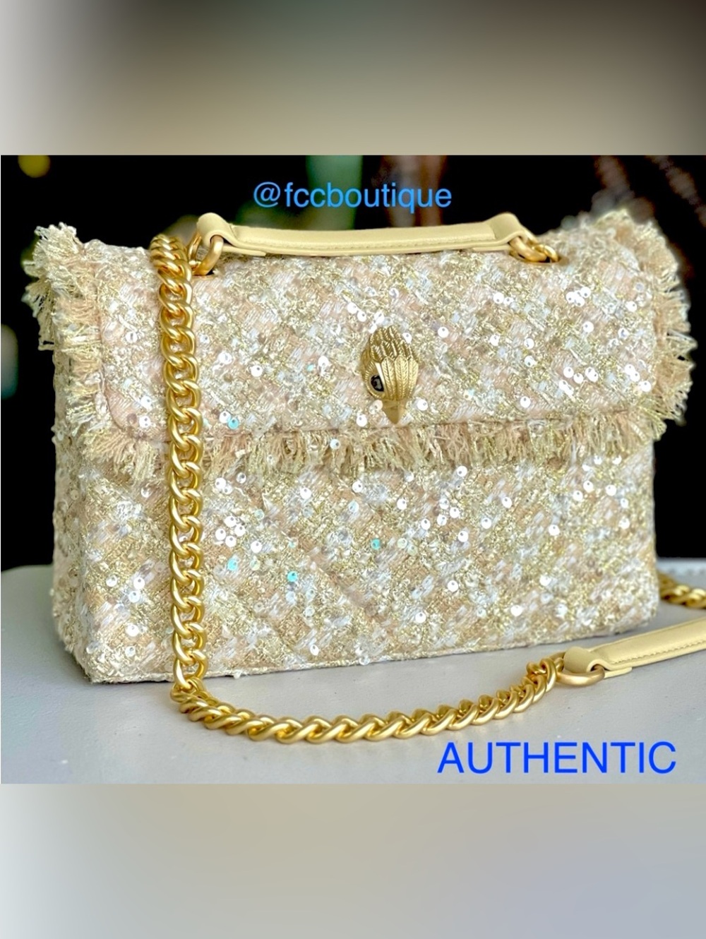 KURT GEIGER Metallic thread SEQUINED Tweed shoulder / crossbody bag Champagne